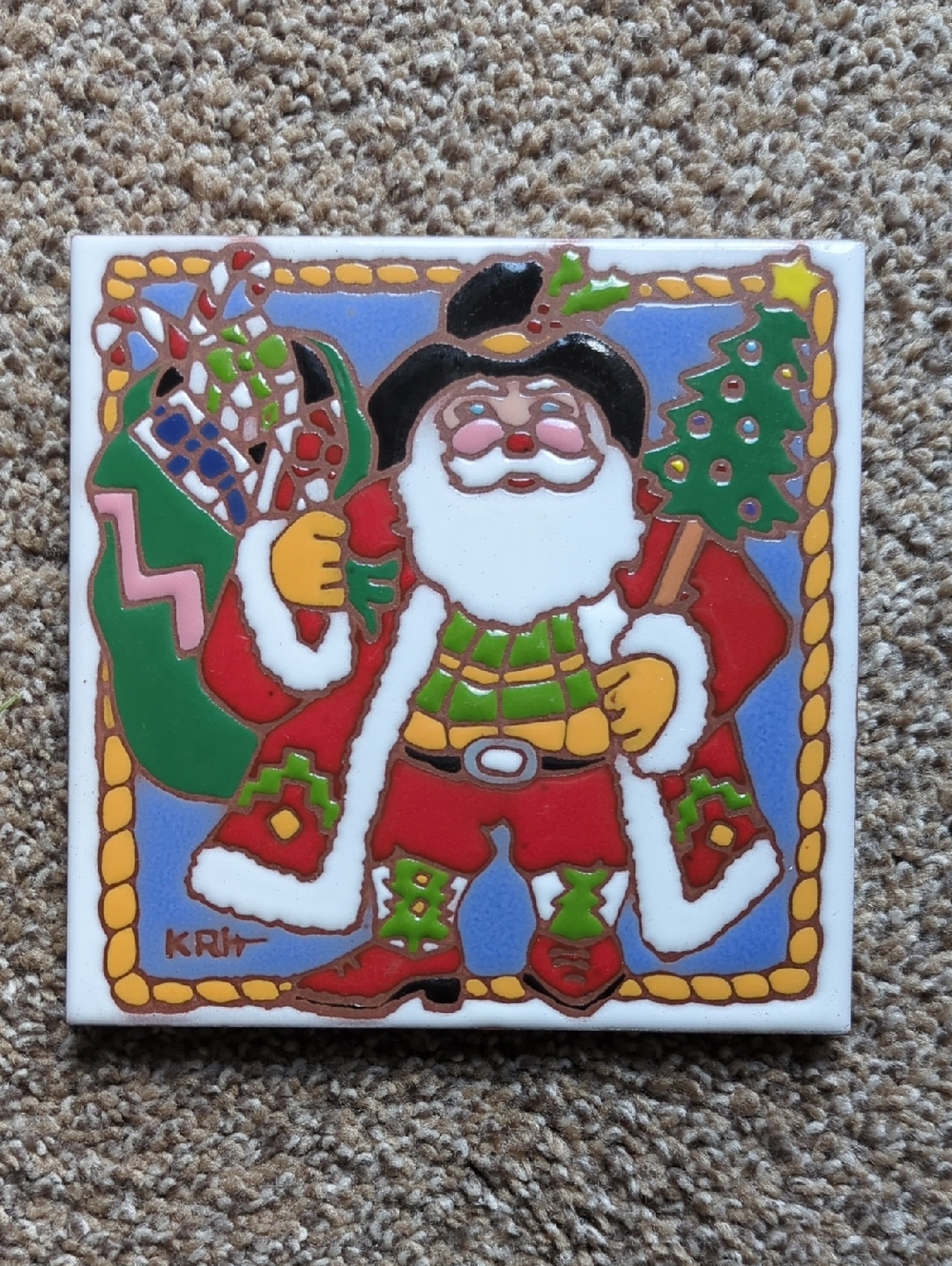 1999 Earthtones Western Cowboy Santa Ceramic Tile Trivet